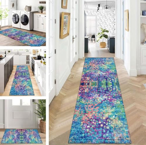 ZUZEKU Läufer Flur Küche Waschbar rutschfest 60X250cm Blau Lila Lang Küchenteppich Flurteppich Teppich Fur Korridor Wohnzimmer Schlafzimmer Meterware Anpassbar