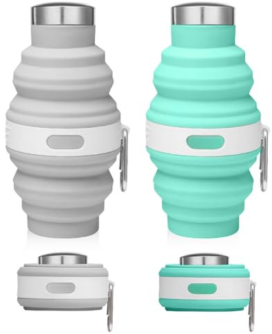 Udbrud 2 Pezzi Borraccia Pieghevole, 500ml Bottiglia Richiudibile in Silicone, Bottiglie Portatili Pieghevoli Senza BPA con Moschettone per Campeggio Ciclismo Viaggi Sport (Blu, Grigio)