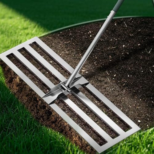 Rastrillo de nivelación de césped resistente de 75 x 25 cm, herramienta de nivelación de suelo con mango antideslizante duradero, nivelador de suelo de acero inoxidable para el cuidado del césped en