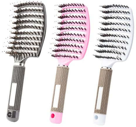 Haarbürste ohne Ziepen, 3 Stück Gebogene Haarbürste mit Wildschweinborsten, Entlüftete Entwirrbürste für lockiges und welliges Haar, Reduziert Haarbruch（24.5x8cm）