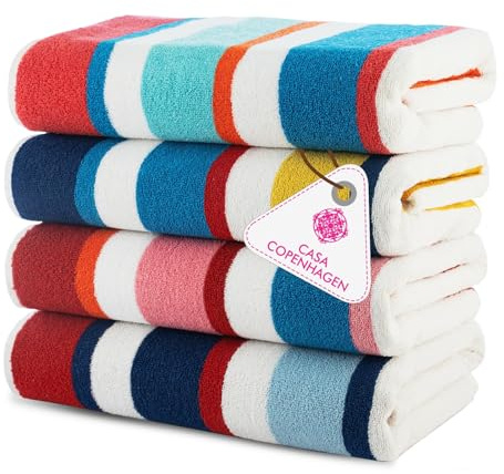 CASA COPENHAGEN Bora Bora Beach Towels Designed in Denmark Rough and Tough, Quick Dry, for Pool, Bath & Shower 30x60 inches 4 Pieces Cotton Beach Bath Towels Set - Pink, Red, Yellow, Turquoise