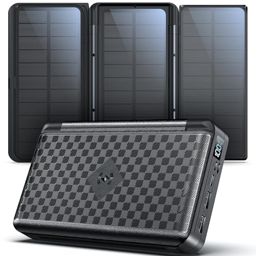 63200mAh Power Bank: 22.5W PD Fast Charging, 5 Outputs, Wireless Portable Charger with 3 Solar Panels Foldable, Flashlight, Display, Large Capacity Solar Charger for Smartphone, Tablet (Black)