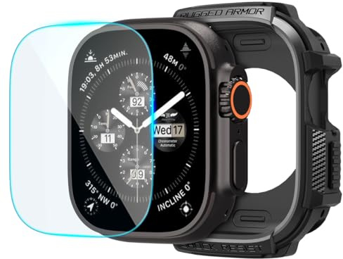 Spigen Rugged Armor Hülle Case mit gehärtetem Glas Displayschutz kompatibel mit Apple Watch Ultra 3/2/1 49mm – Matt Schwarz