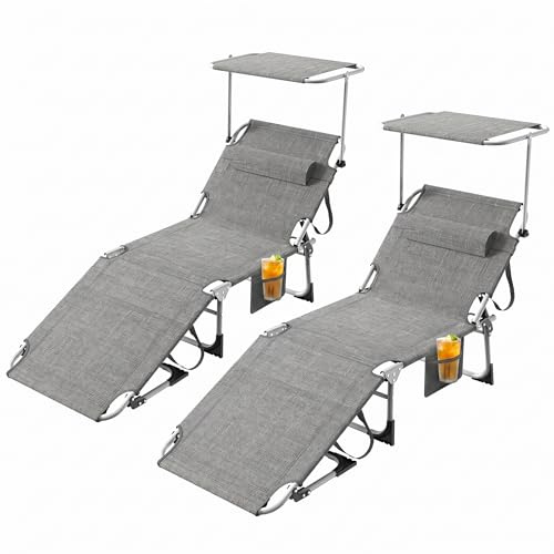 Juego de 2 tumbonas plegables con techo, tumbona de jardín de 194 x 67,5 x 29 cm, tumbona con respaldo ajustable y almohada, plegable para camping, playa, piscina, jardín, hasta 120 kg, lino gris