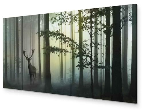 murando - Wandbilder XXL Wald 200x80cm 5 tlg - Wand Deko Leinwand Bilder Groß Wanddeko Wohnzimmer Schlafzimmer Kunstdrucke - Hirsch Natur c-C-0235-b-o