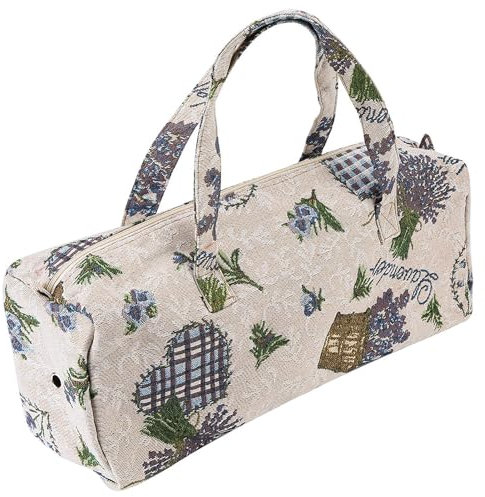 Knitting Storage Bag - Fabric Crafts Organizer, Handmade Hemp Craft Storage Organiser for Needles, Makeup & Travel Essentials (#1 Purple Flower)