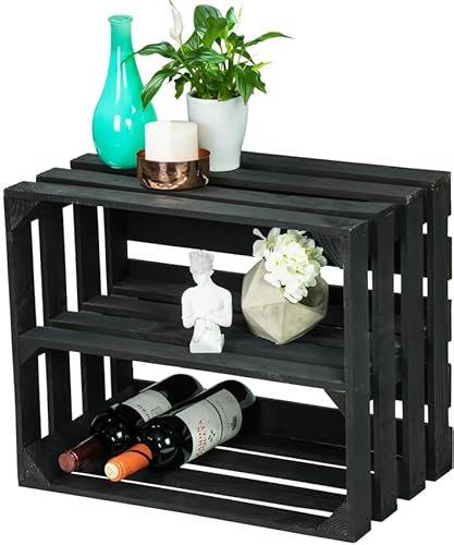 LAUBLUST Vintage Holzkiste - Weinkiste mit Regalboden Längs | Möbelkiste - Dekokiste | Unbenutzt - Deko & Schuhregal (Schwarz, ca. 50 x 40 x 30 cm | XL)