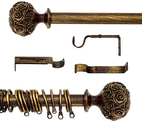 Gardinenstange Ausziehbar, Vorhangstange Gardinenstange variable Länge Landhaus Shabby Chic - Rosen Prägemuster - 160-300 - Durchmesser 2 cm - Braun/Gold - Metall
