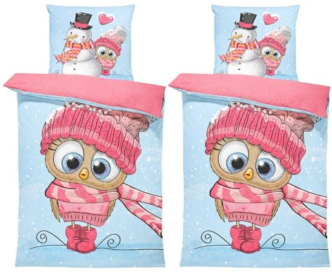 one-home Winter Bettwäsche Thermo Fleece Kuschelig Warme Bettbezüge Flauschig Warm Weich, Größe:4 teilig 135x200 cm, Farbe:Eule Schneemann Rosa Blau