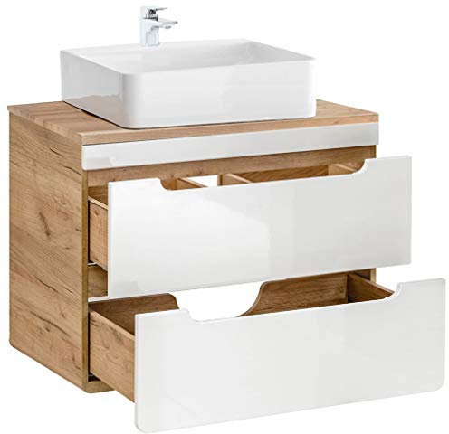 Lomadox Waschtisch mit 80 cm Unterschrank, 50 cm Keramik-Waschbecken, Hochglanz weiß mit Wotan Eiche Nb., 2 Softclose-Auszüge