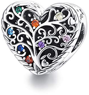 CHENGMEN Family Tree of Life in Heart 925 Sterling Silver Charms for Bracelets with Colourful CZ Gifts for Women Jewellery