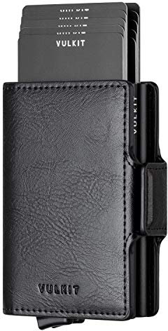 VULKIT Porte-Cartes de Crédit en Cuir Porte Carte Bancaire Anti Piratage RFID Étuis à Double Portefeuille Pop Up avec 2 Emplacements for Cartes & Billets, Noir