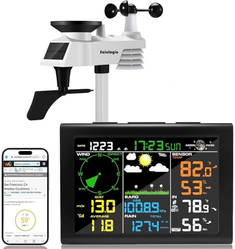 Sainlogic Stazione meteo WiFi professionale con sensore esterno, stazione meteo wireless Internet con pluviometro, previsioni meteo, indicatore del vento, Wunderground, nero
