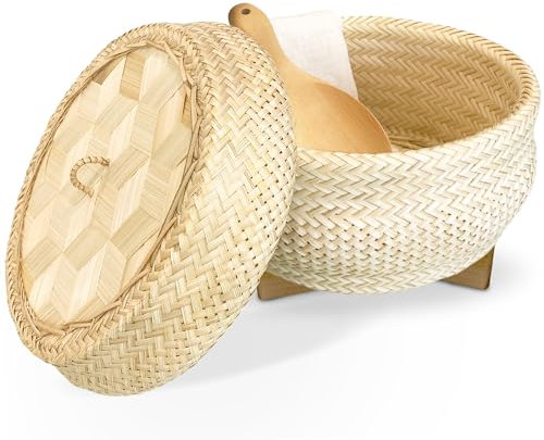 PANWA Handmade 100% Natural Thai Bamboo Sticky Rice “Electric Cooker Steamer Set”, Small Pot Insert ~ 6.5 Inch, Hewn Reed Wicker Woven Lid, 16’’ Cheesecloth Filter, and Wooden Spoon