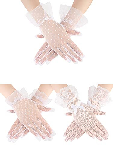 Geyoga 3 Paar Spitzen Handschuhe Kurz Sommer Handschuhe (Retro Stil, Schwarz)