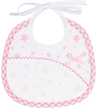 Filet - Lätzchen für Neugeborene aus Baumwoll-Piqué mit mehrfarbigem Sternendruck | Tasche aus Aida-Stoff zum Besticken | Maße: 18 x 18 cm | Made in Italy, Rosa