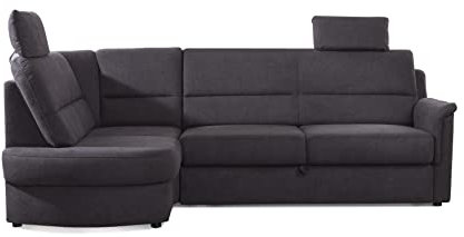 Cavadore Ecksofa Paris mit Federkern / Kleines L-Sofa mit Vorziehsitz, Bettkasten und Ottomane / inkl. 2 Kopfstützen / 243 x 112 x 155 / Dunkelgrau
