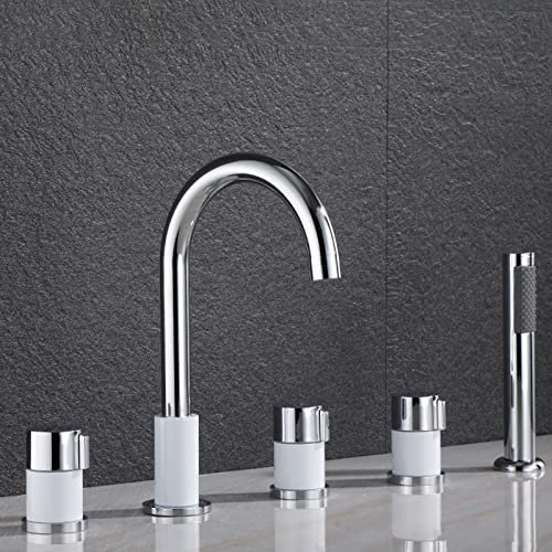 Badewanne Wannenrandarmatur 5 Loch Set Wannenarmatur mit Herausziehbarem Handbrause Bad Dusche Badezimmer Armatur Badewannenarmatur Chrom+Weiß