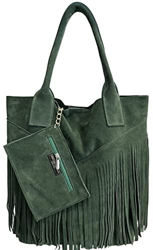 Modarno Damen-Einkaufstasche aus echtem Wildleder mit Fransen plus Schmucketui in der gleichen Farbe - Handtasche - Schultertasche, Nachtgrün