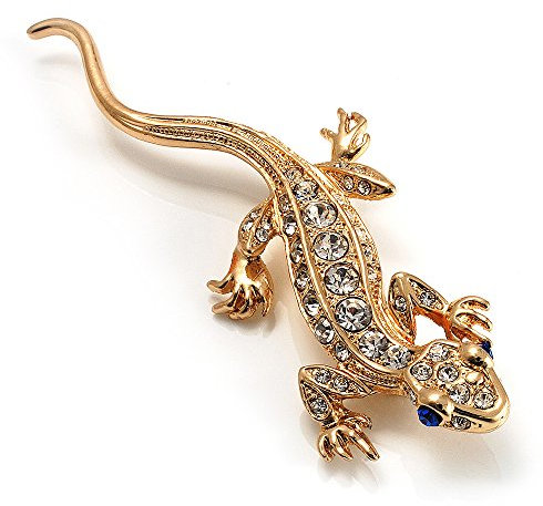 Broche en forme de lézard avec yeux noirs (ton or), taille unique, Pas de type de métal, diamante