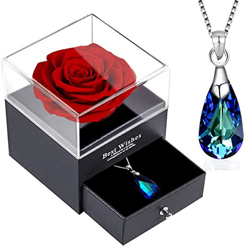 Rose Eternelle avec Bijoux Argent 925,Collier Femme Cristal boîte de Roses,Gouttelettes d'eau Pendentif ,Roses Conservées Stabilisée Rouge,Cadeau pour Elle la Noël,La Saint-Valentin,Fête des mères