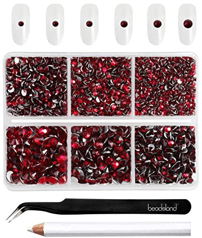 Beadsland 4300 Stück Rot Strasssteine mit flacher Rückseite,Nagelsteine, runde Kristall-Strasssteine zum Basteln, gemischt in 6 Größen, mit Picking-Pinzette und Wachsstift-Set, SS6–SS20,Dunkles Rot