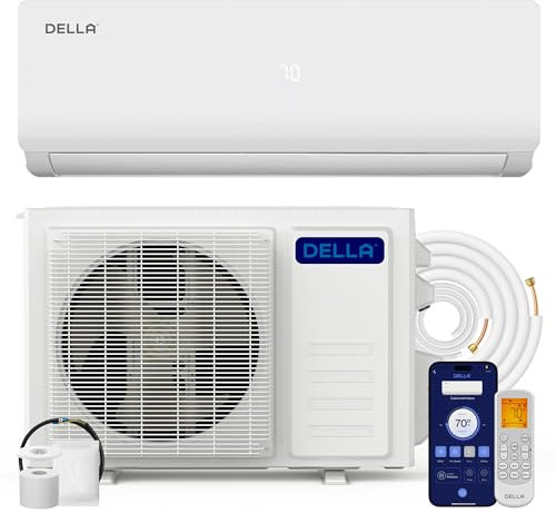 DELLA Vario 9000 BTU Mini climatiseur split fonctionne avec Alexa 19 SEER2 refroidit jusqu'à 400 pieds carrés. Système inverseur sans conduits économe en énergie, pompe à chaleur préchargée et