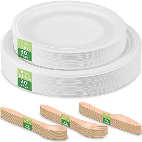 HOMURG assiettes carton ronde et couverts jetables anniversaire mariage, ensemble assiette en papier blanche rigide de noël, vaisselle jetable 150 pièces, service de table complet lot de 30 personnes