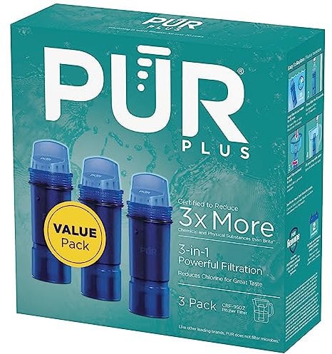 PUR Water Pitcher & Dispenser Replacement Filter 3-Pack, Genuine PUR Filter, 3-in-1 Powerful Filtration for More Chemical & Physical Substance Reduction, 6-Month Value, Blue (CRF950Z3)