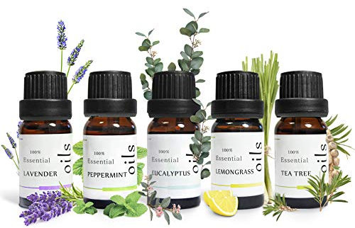 Essential Oils 100% Pure Organic 10ml (UK Company) Natural Diffuser Oils Aromatherapy Oil Peppermint Lavender Eucalyptus Tea Tree Lemon Grass, Pack of 5
