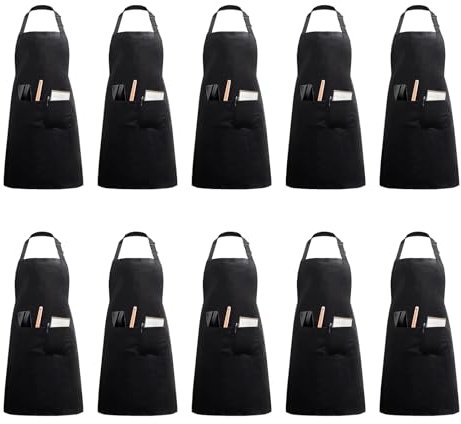 NefLaca 10 pezzi Grembiule da Cucina con 2 tasche unisex Cintura Regolabile Collo Uomo Donna Grembiule Cuoco Ristorante BBQ Bar Chef Dipingere Lavori Domestici (poliestere nero)