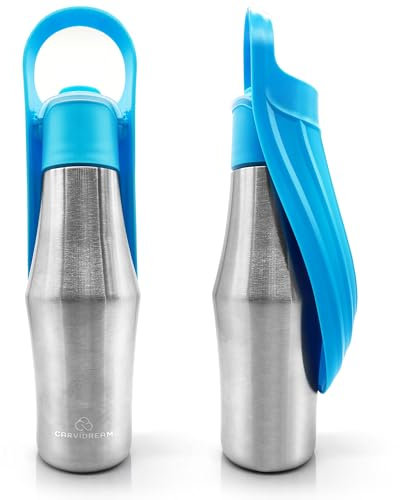 CARVIDREAM® Botella de Agua para Perros de Acero Inoxidable 750 ml. Bebedero Perro Portatil. Bebedero para Perros con Cuenco Plegable, Amplio y Profundo, Cómodo para Perros de Todos los Tamaños.