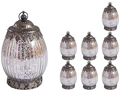 Jinfa 8er-Set Laternen Stimmunglichter mit batteriebetrieber LED-Lichterkette orientalische Zierde Tischdeko Geschenk | Oval | Edles Silber | Ø 10,5 cm × H 18 cm