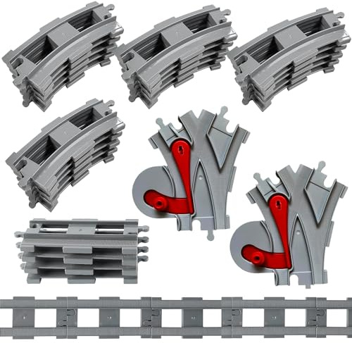 Bausteine Zug Schienen, City Eisenbahn Schienen Set, bestehend aus Gebogene Schienen, Gerades Gleis, Weiche, Eisenbahn Zubehör kompatibel mit dem Marktführer (26PCS)