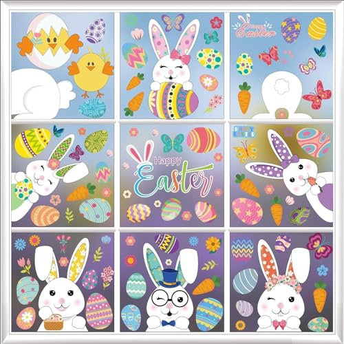 9 Blatt Ostern Fensterbilder, Fensterdekoration Ostern, Osterdeko Fensterbilder Frühling, Fenstersticker Ostern mit Hasen Ostereier Küken, Fenster Aufkleber Dekorationen Wiederverwendbar für Ostern