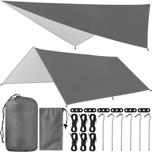 ZHHGOO Toldo de Refugio Camping 3x3M, Tienda de Campaña Tarp Impermeable con 6 Cuerdas + 6 Clavos de Tierra + 2 Bolsa de Guarda, Lona Toldo Camping para Vivac, Picnic, Playa, Hamaca, Furgoneta