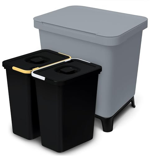 YourCasa Poubelle de cuisine, à 2 compartiments, 20 l, au design exclusif, système de tri sélectif avec couvercle et pied, grande, avec 2 seaux amovibles de 10 l, recyclable (gris, 20 l)