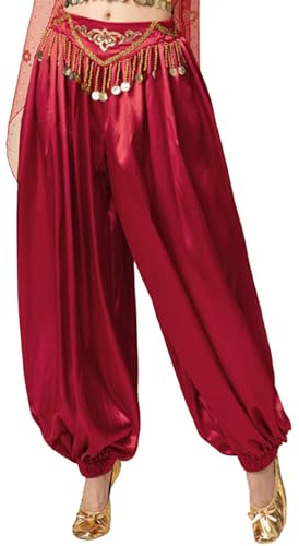 MSemis Damen Haremshose Bauchtanz Kostüm Indien Arabische Tanzen Tribal Wellenförmige Satin Pumphose Elastischer Bund Performance Kostüm EIN Burgunder Einheitsgröße