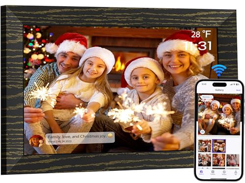 Digitaler Bilderrahmen WiFi 10,1 Zoll, 32GB Speicher Digitale Elektronischer Bilderrahmen HD Touchscreen 1280x800, Automatische Drehung, Teilen von Fotos oder Videos Uberall über App, Schwarz