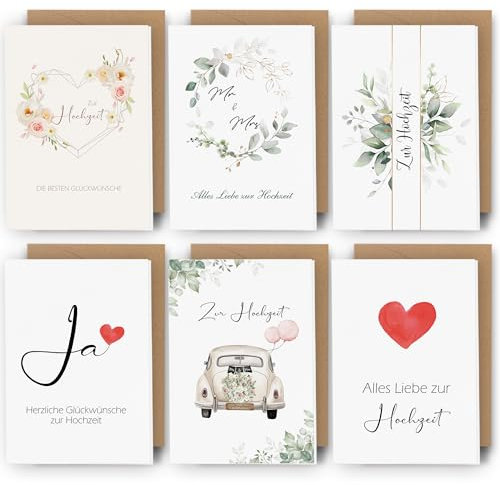 Premium Hochzeitskarte Set mit Hochwertigem Umschlag aus Kraftpapier (6 Stück) - Karte Hochzeit Modern, Glückwunschkarte Hochzeit Edel Personalisiert Schöne Hochzeit Geschenke für Brautpaar(12x17cm)