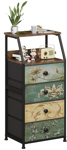 VEDECASA Kommode mit 4 Schubladen aus Stoff Komodenschrank mit offenem Regal Böhmische Schminktisch Aufbewahrungsschrank Nachttisch Beistelltisch für Schlafzimmer Wohnzimmer