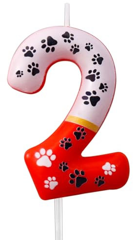 Zolunu Red Dog Paw Theme Birthday Candle, Red Dog Birthday Cake Toppers for Boys Kids, Number 2 Candle, Red White Dog Paw Birthday Candle for Themed Birthday Party Decoration Supplies Favors Gifts