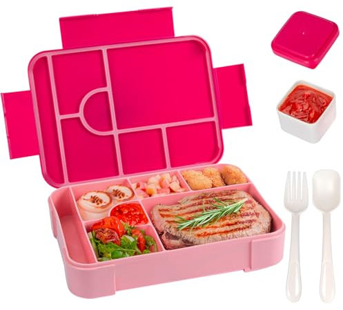 Criveple Brotdose Kinder mit Fächern, 1330ml Brotdose für Kinder/Erwachsene, Lunchbox Schule, Mikrowelle/Spülmaschinenfest, Auslaufsichere Brotdose mit Löffel Gabel Salat Soßen Box (Rot rosa)