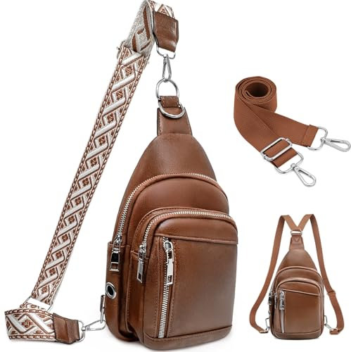 Kaiyaner Brusttasche Damen Umhängetasche Herren Crossbody Bag Gürteltasche 2 in 1 Rucksacktasche Klein mit Abnehmbare Schultergurte, Leders chultertasche für Reisen,Einkaufen,Outdoorsport Braun