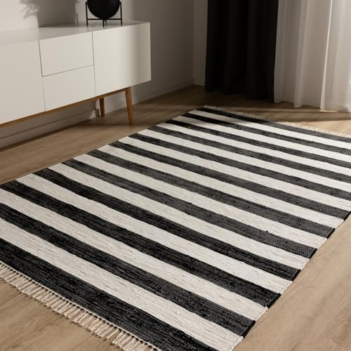 benuta Basic Baumwollteppich Tom - Schwarz/Creme 80x150 cm - Handgewebter Wohnzimmer Teppich - 100% Recycelte Baumwolle - Für Fußbodenheizung geeignet