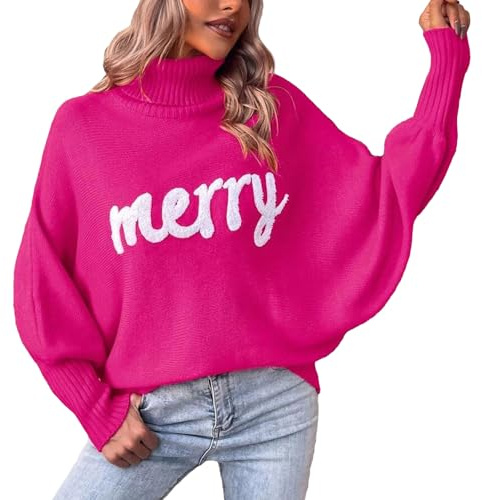 Jamron Donna Merry Christmas Maglione Inverno Chaud Collo Alto Manica Pipistrello Pullover Maglioni