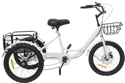 banborba 20 Zoll Dreirad für Erwachsene, 7 Gang Klappdreirad, Höhenverstellbar Faltbares Dreirad, 3 Räder Fahrrad, Cruise Bikes, Seniorenfahrrad mit Einkaufskorb und Schloss (Weiß)