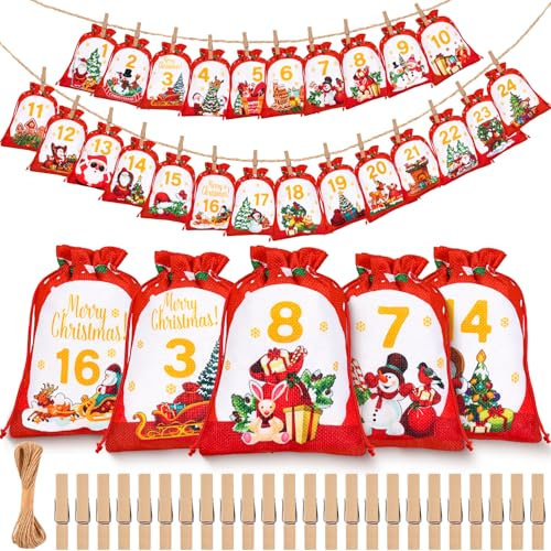 Adventskalender zum Befüllen 2024 für Kinder Frauen Männer, 18 x 13 cm Groß Weihnachtskalender Adventskalender Selber Befüllen 24 Stoffbeutel, Tüten Adventskalender Säckchen DIY Weihnachtsdeko Rot
