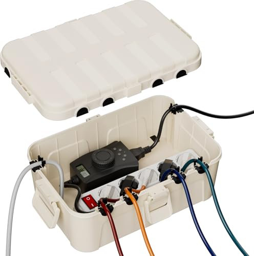RESTMO Extra Large Waterproof Electrical Box, IP54 Weatherproof Outdoor Extension Lead Cover, Protect Outlet, Plug, Socket, Timer, Power Strip, Holiday Light Decoration, 32 x 22 x 13 cm, Almond
