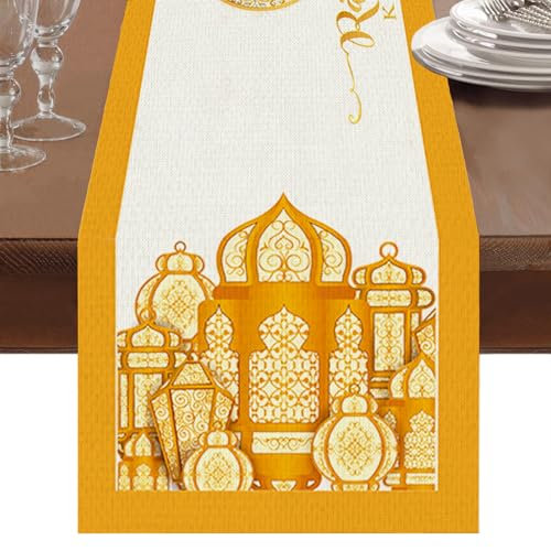 Ramadan tischläufer weiß Gold, Ramadan deko tischläufer leinen , Islam deko Table Runner ,eid Mubarak Dekoration tischdecke ,Geeignet für Küche ,Wohnzimmer, Esstisch Ramadan Dekoration
